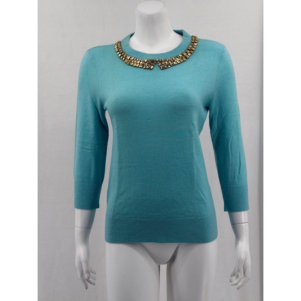 Kate Spade Sweater Womens Small Aqua Blue Jeweled Avaline‎ Wool Cashmere Preppy